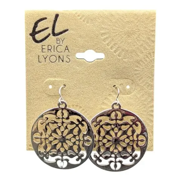 EL by Erica Lyons Silver Tone Filigree Drop Earrings Round Boho Dangle NWT - Picture 8 of 11